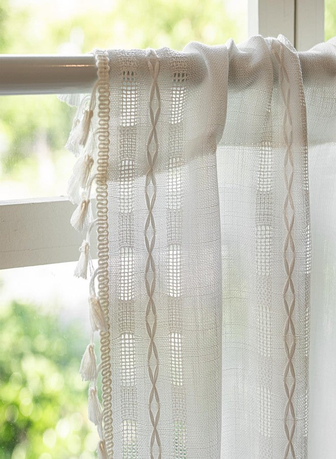 Deeprove ستارة مطبخ قصيرة من ديبروف بوهو فالانس، ستارة مخططة منقوشة، ستارة أنيقة مطرزة بطبقات لتصفية الضوء، مناسبة للمقاهي والمطاعم وغرف الغسيل، مقاس 52 × 18 بوصة، لوحة واحدة، لون أبيض كريمي - Image 4